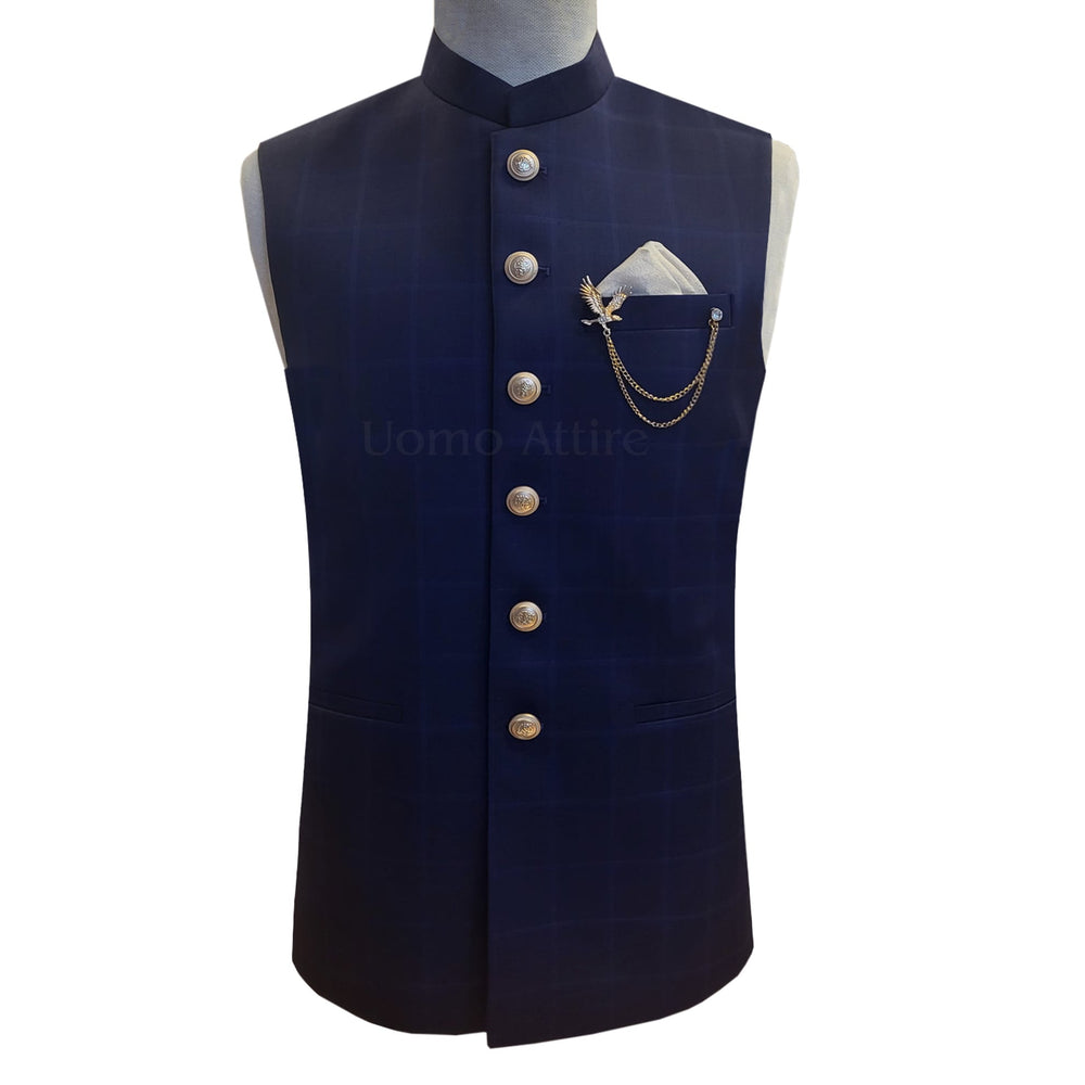Tropical blue check fabric waistcoat for men
