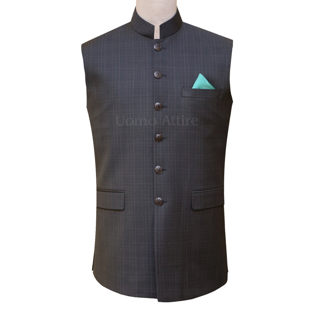 Tropical gray check fabric waistcoat for sophisticated look