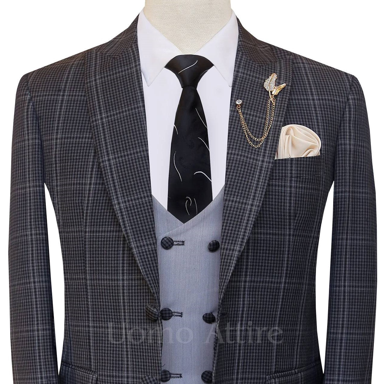
                  
                    Tropical windowpane with mini check customized three piece suit
                  
                