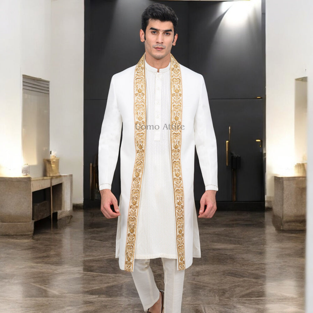 Luxury White Open-Front Sherwani with Embellished Borders and Kurta Pajama Set