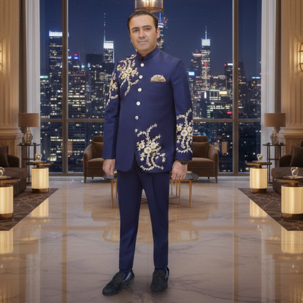 Men's Luxury Navy Blue Embroidered 2-Piece Prince Coat for Wedding
