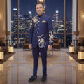 Men's Luxury Navy Blue Embroidered 2-Piece Prince Coat for Wedding