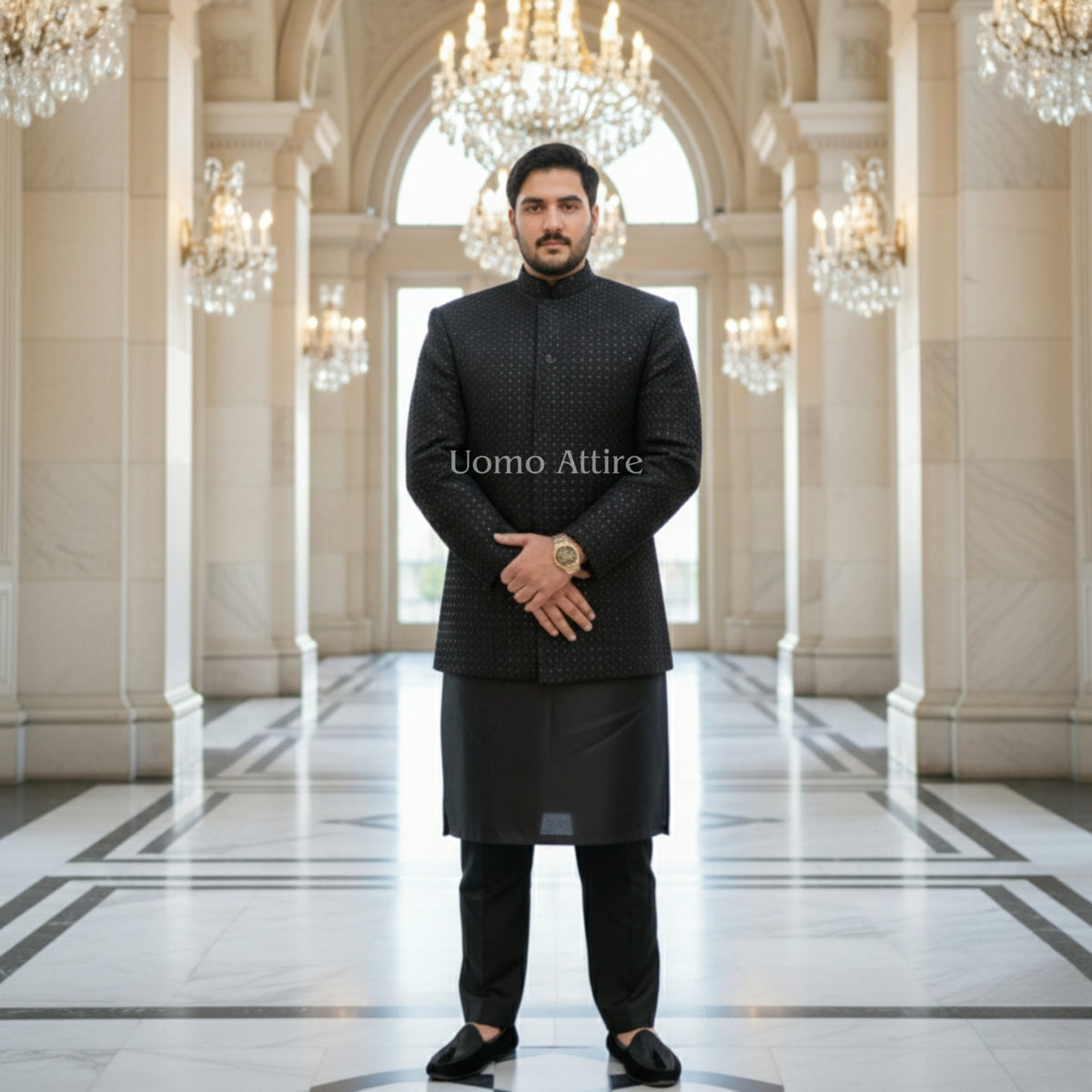 Men's Luxury Black Embroidered Prince Coat for Wedding
