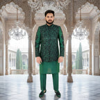 Men's Luxury Emerald Green Prince Coat with White Kurta Pajama