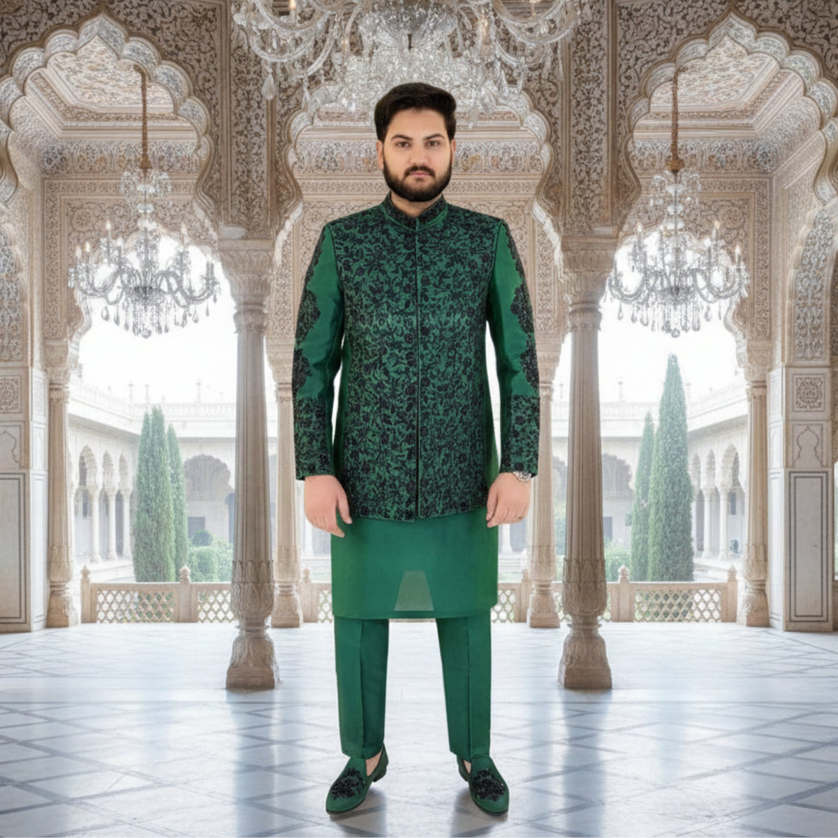Men's Luxury Emerald Green Prince Coat with White Kurta Pajama