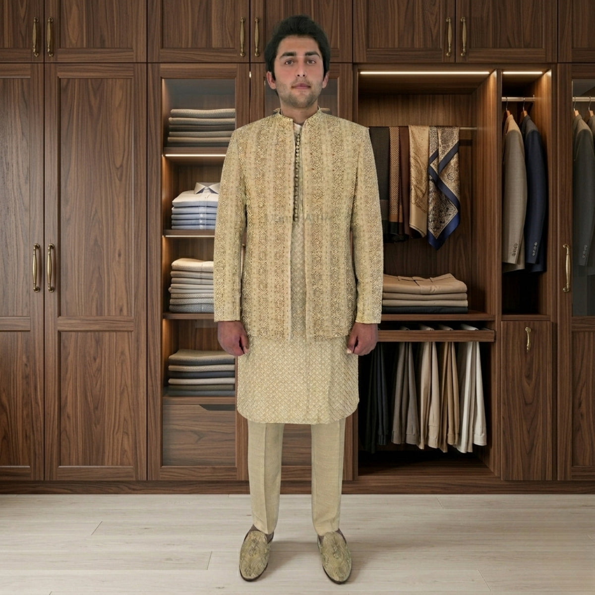 Men's Luxury Skin Color Embroidered Prince Coat with Matching Kurta Pajama