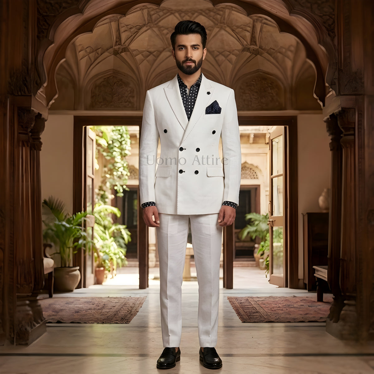 Custom made linen fabric double breasted 2 piece suit