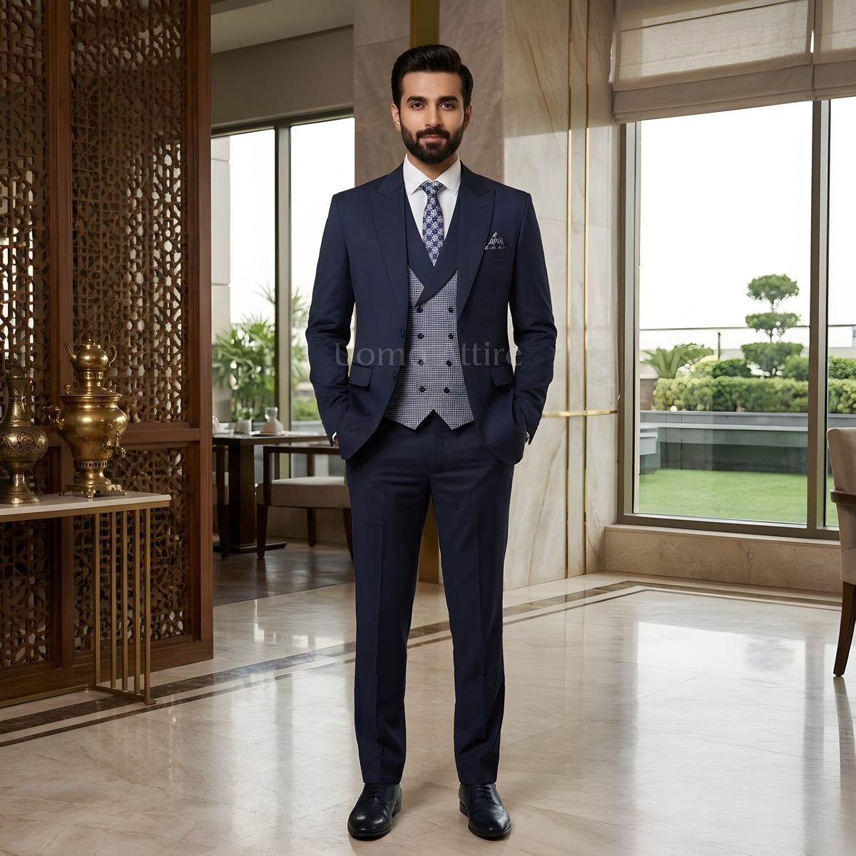 Navy Blue Peak Lapel Three-Piece Suit with Double-Breasted Waistcoat