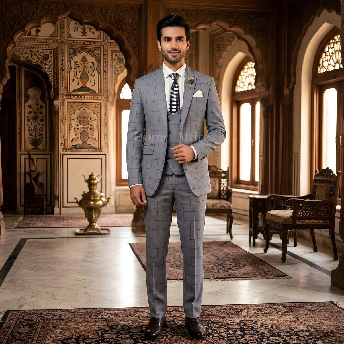 Grey windowpane check bespoke suit