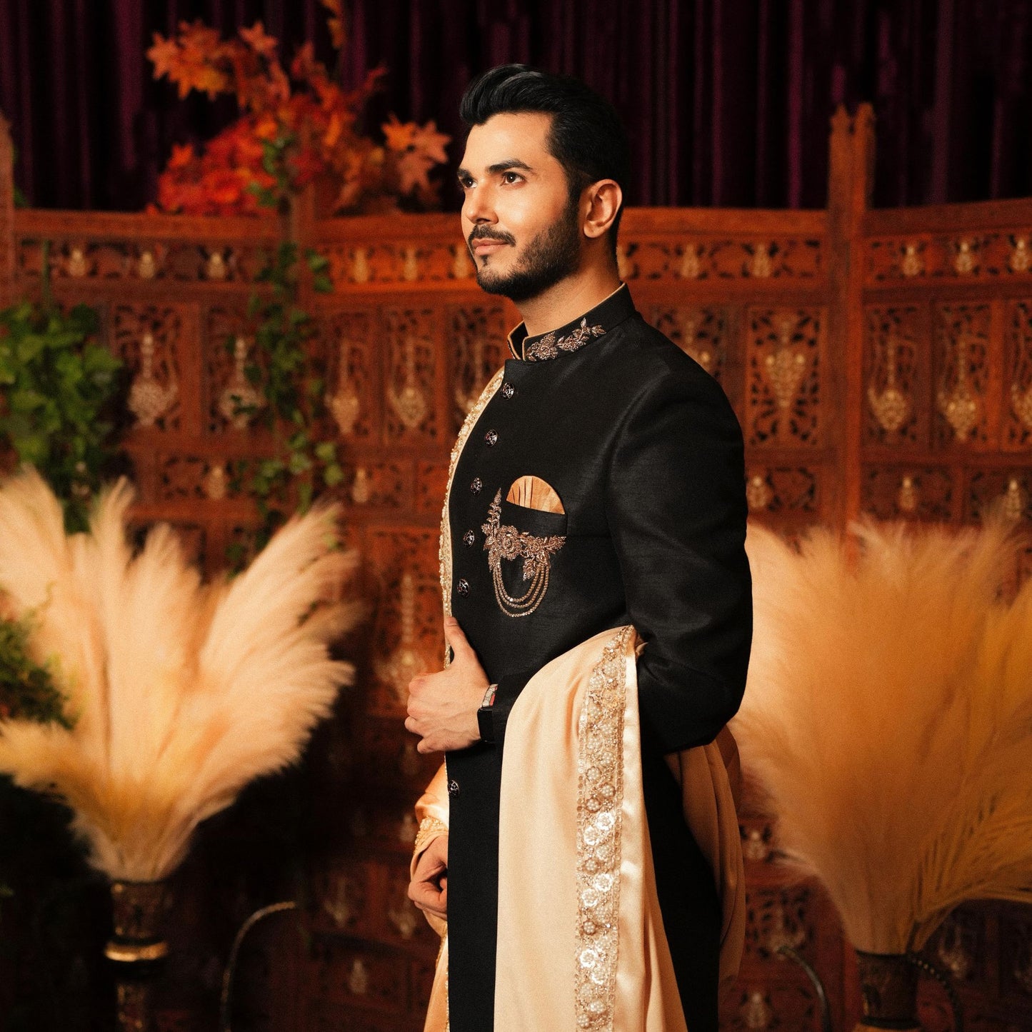 
                  
                    Men's Luxury Black Embroidered Sherwani with Gold Shawl & Brooch
                  
                