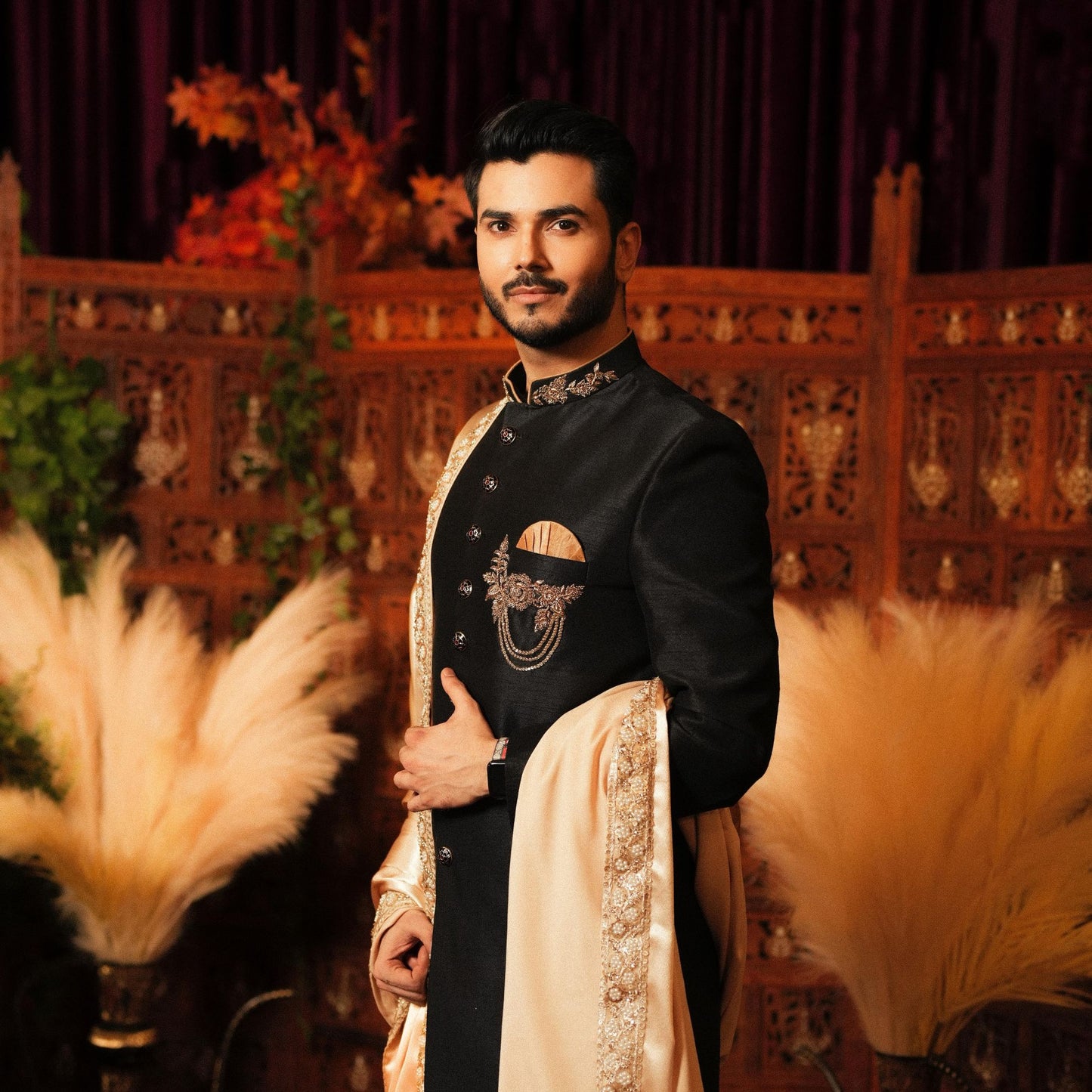 
                  
                    Men's Luxury Black Embroidered Sherwani with Gold Shawl & Brooch
                  
                