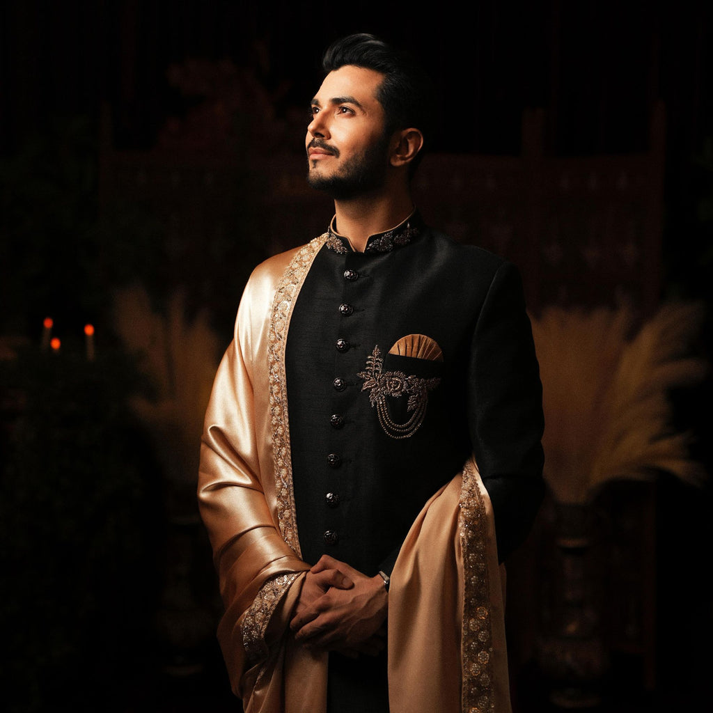 Men's Luxury Black Embroidered Sherwani with Gold Shawl & Brooch