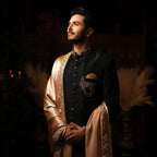 Men's Luxury Black Embroidered Sherwani with Gold Shawl & Brooch