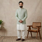 Men's Luxury Mint Green Embroidered Prince Coat with White Kurta Pajama