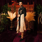 Men's Luxury Black Embroidered Sherwani with Gold Shawl & Brooch