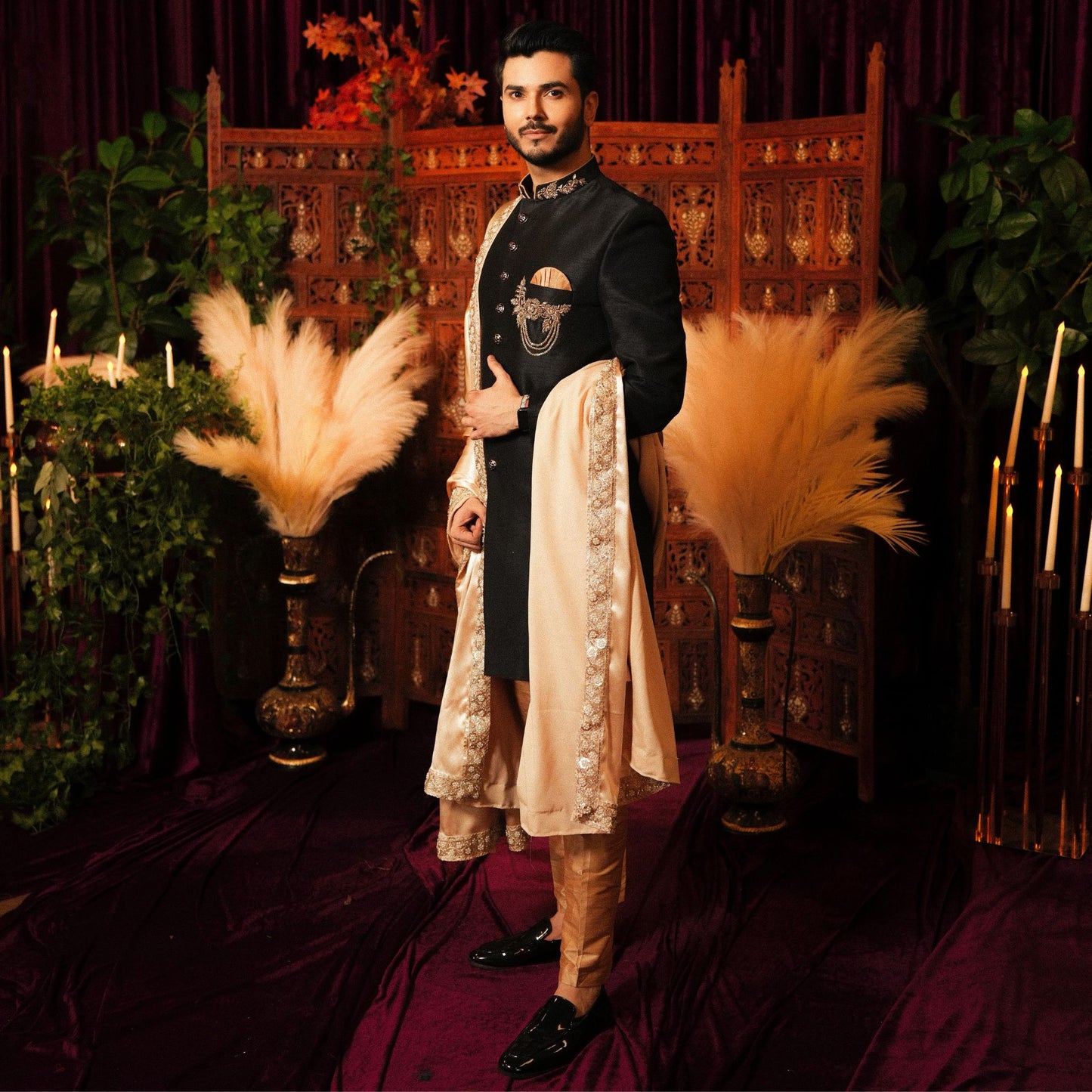 
                  
                    Men's Luxury Black Embroidered Sherwani with Gold Shawl & Brooch
                  
                