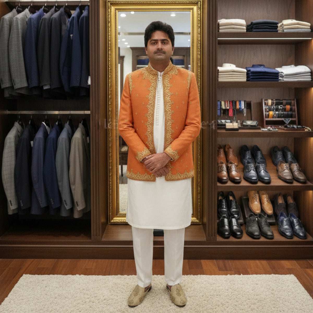 Men's Luxury Orange Embroidered Prince Coat with White Kurta