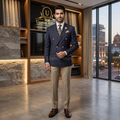 Men's Luxury Navy Blue Plaid Double Breasted 2-Piece Suit