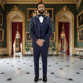 Men's Luxury Navy Blue Embroidered 3-Piece Tuxedo Suit with Black Tie