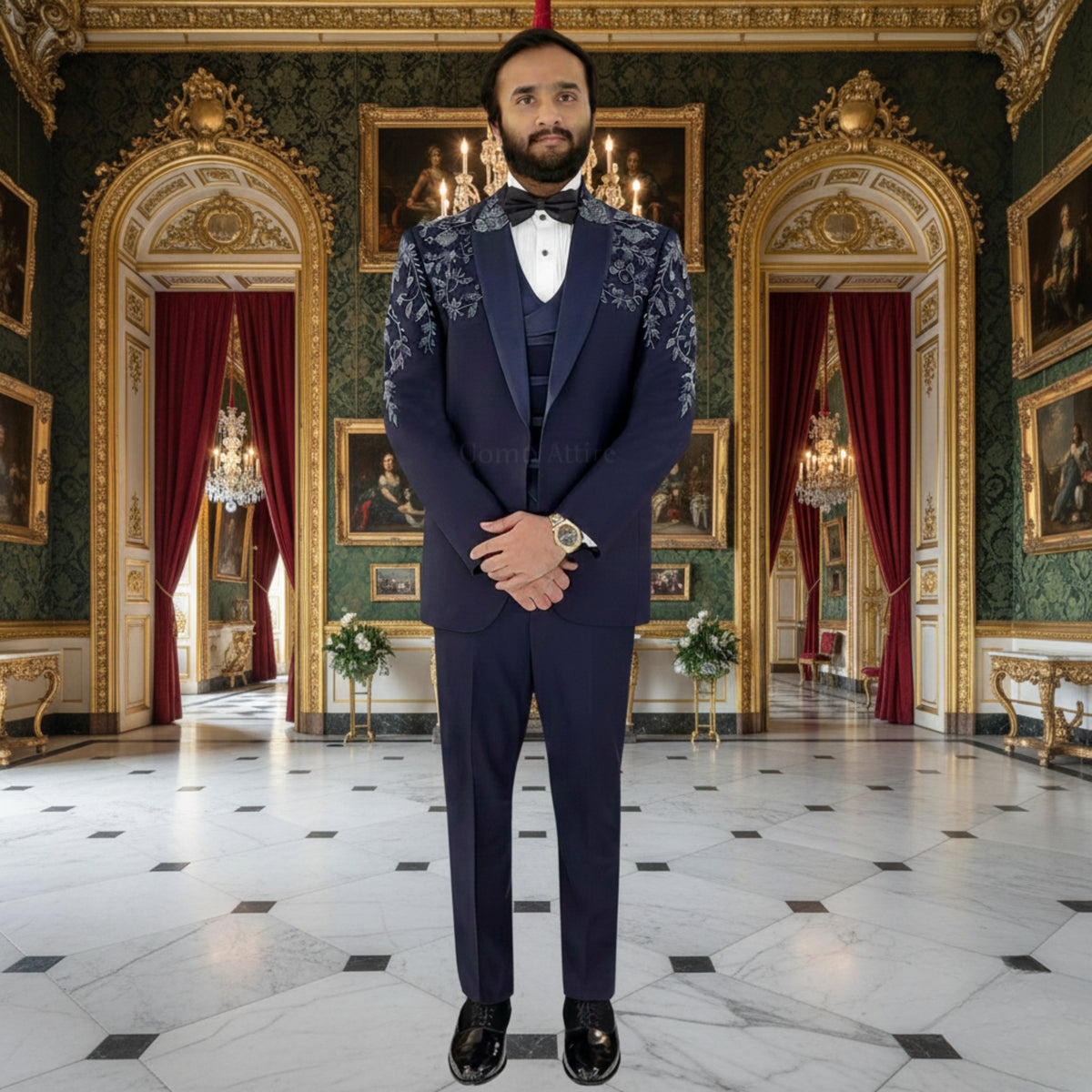 Men's Luxury Navy Blue Embroidered 3-Piece Tuxedo Suit with Black Tie