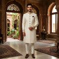 Men's Luxury Off-White Embroidered Sherwani with Matching Kurta Pajama
