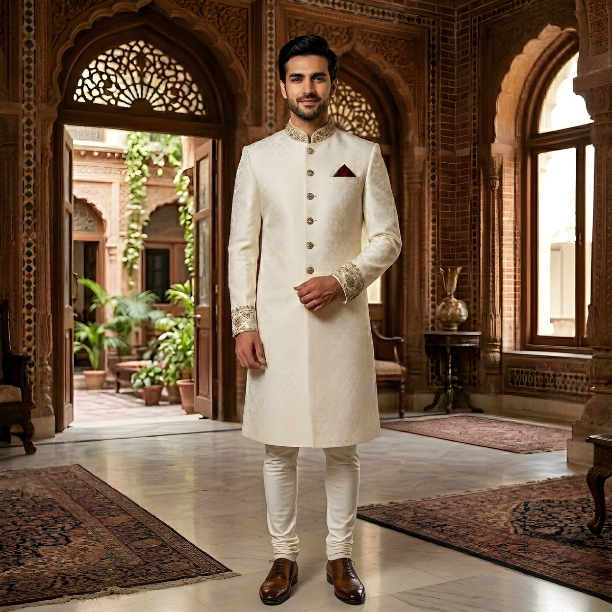 Men's Luxury Off-White Embroidered Sherwani with Matching Kurta Pajama