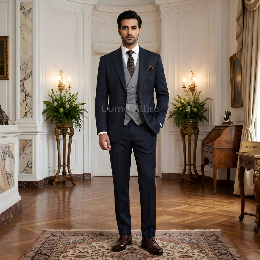 Men's Slim Fit 3-Piece Italian Fabric Suit with Checkered Waistcoat