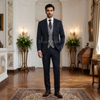 Men's Slim Fit 3-Piece Italian Fabric Suit with Checkered Waistcoat
