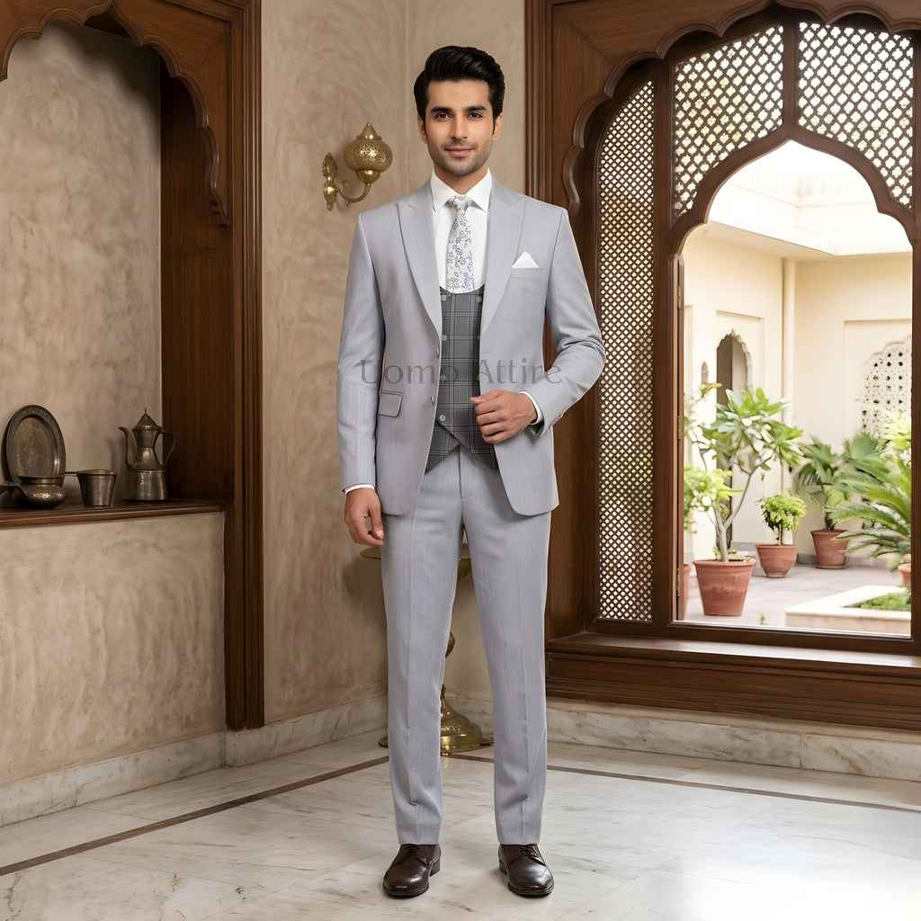 Luxurious Silver Grey 3 Piece Suit with Checkered Double-Breasted Waistcoat