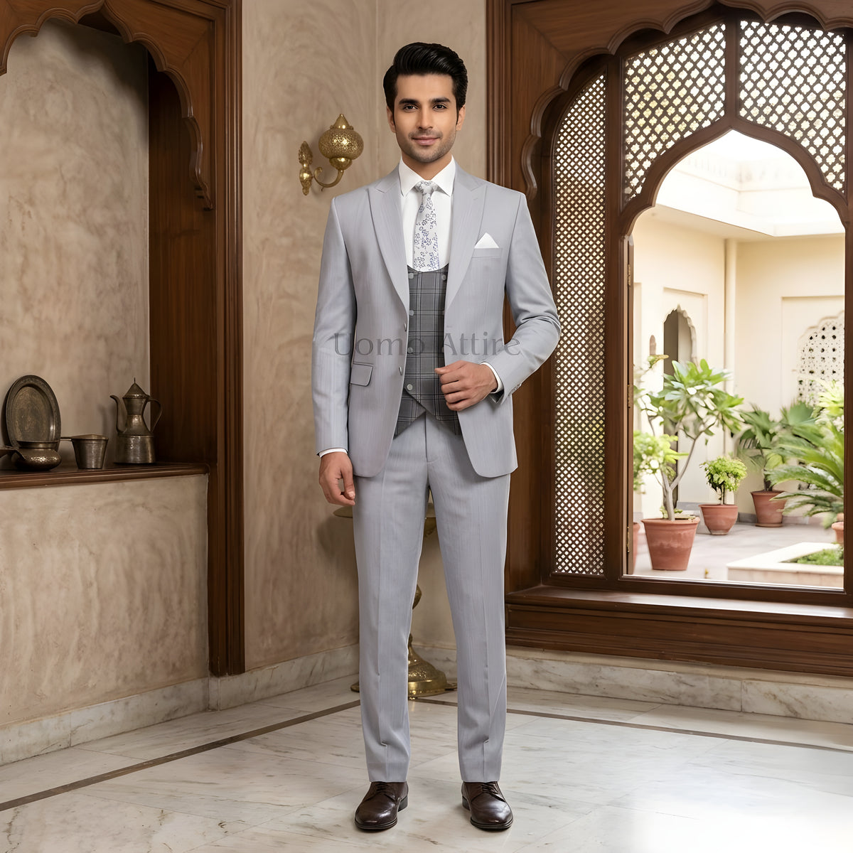 Luxurious Silver Grey 3 Piece Suit with Checkered Double-Breasted Waistcoat