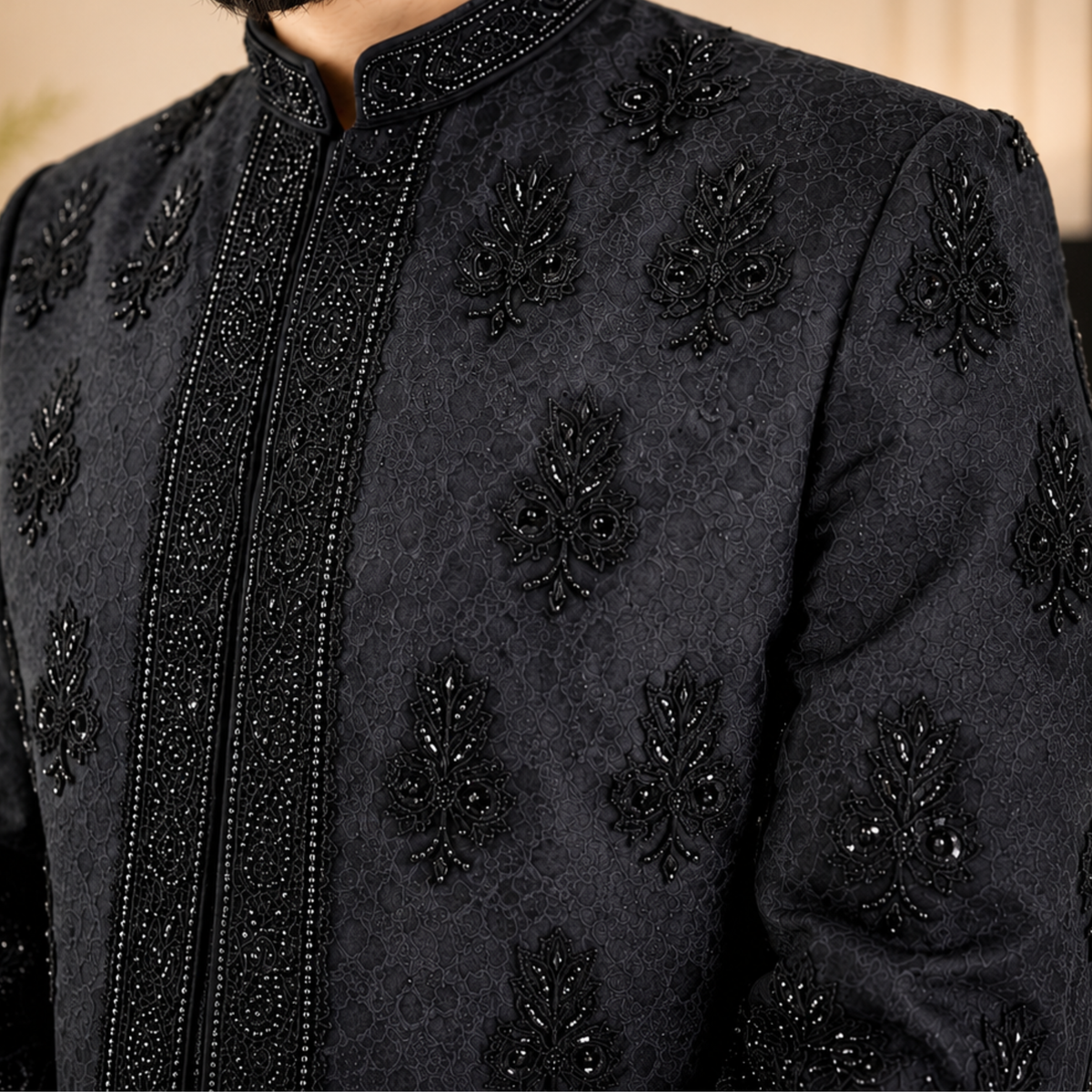 Men's Stylish Black Self Jamawar With Embellishment Sherwani for groom