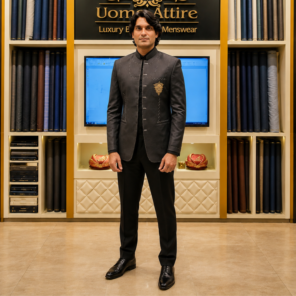 Men's Luxury Charcoal Grey Embroidered Bandhgala / Prince Coat with Black Trouser (Worn by Pakistani Cricketer Muhammad Irfan)