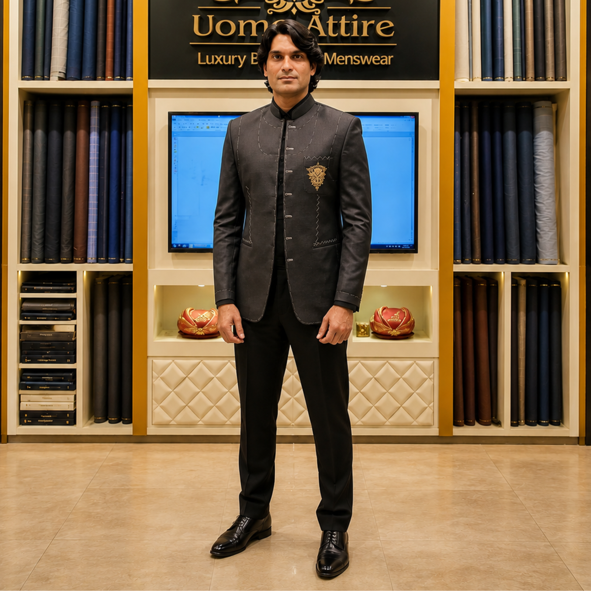 Men's Luxury Charcoal Grey Embroidered Bandhgala / Prince Coat with Black Trouser (Worn by Pakistani Cricketer Muhammad Irfan)