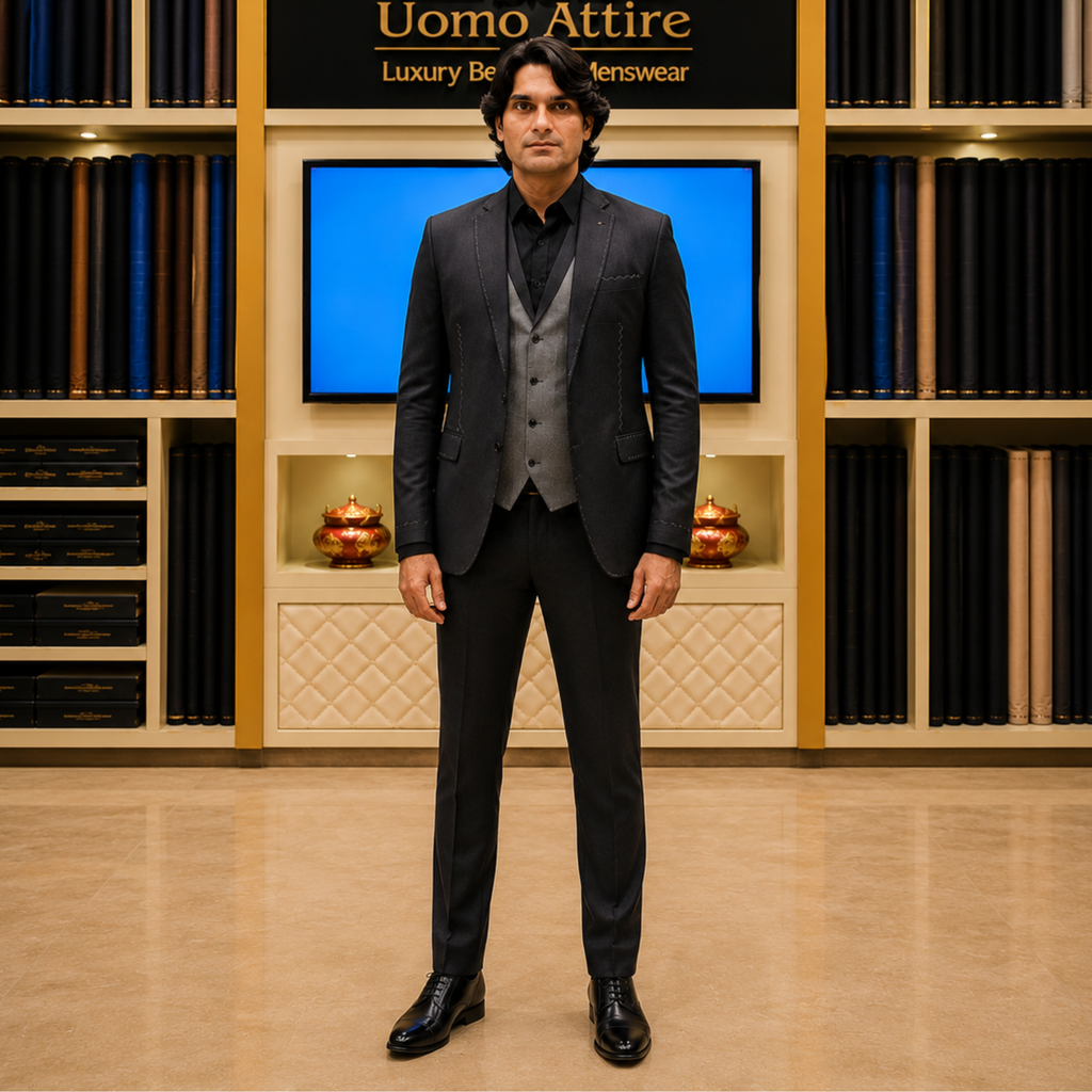 Men's Luxury Charcoal Grey Embroidered 3-Piece Suit (Worn by Pakistani Cricketer Muhammad Irfan)