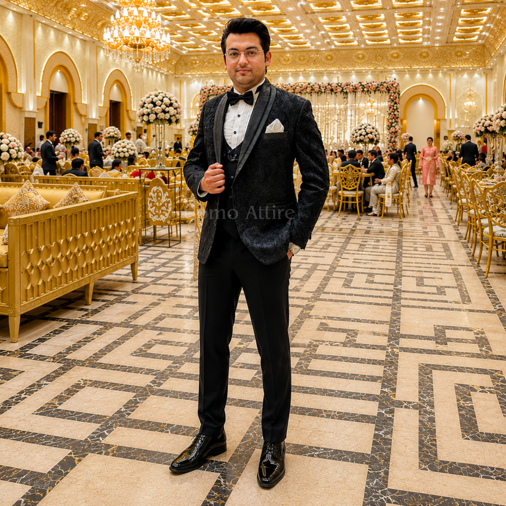 Black Embroidered with Hand Embellished Tuxedo for Men Worn by Mr. Hafiz Zaheer
