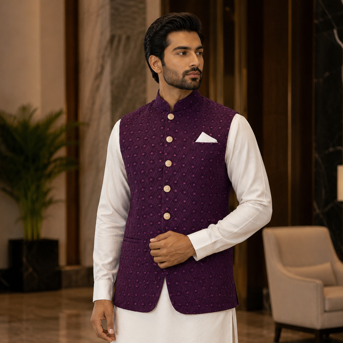 Deep Plum Embroidered Waistcoat with Gold Buttons