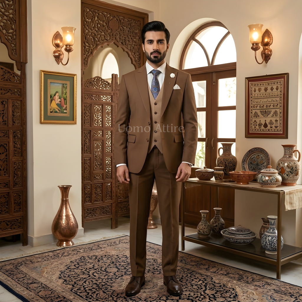 Men's Luxury Brown Double Breasted 3-Piece Suit