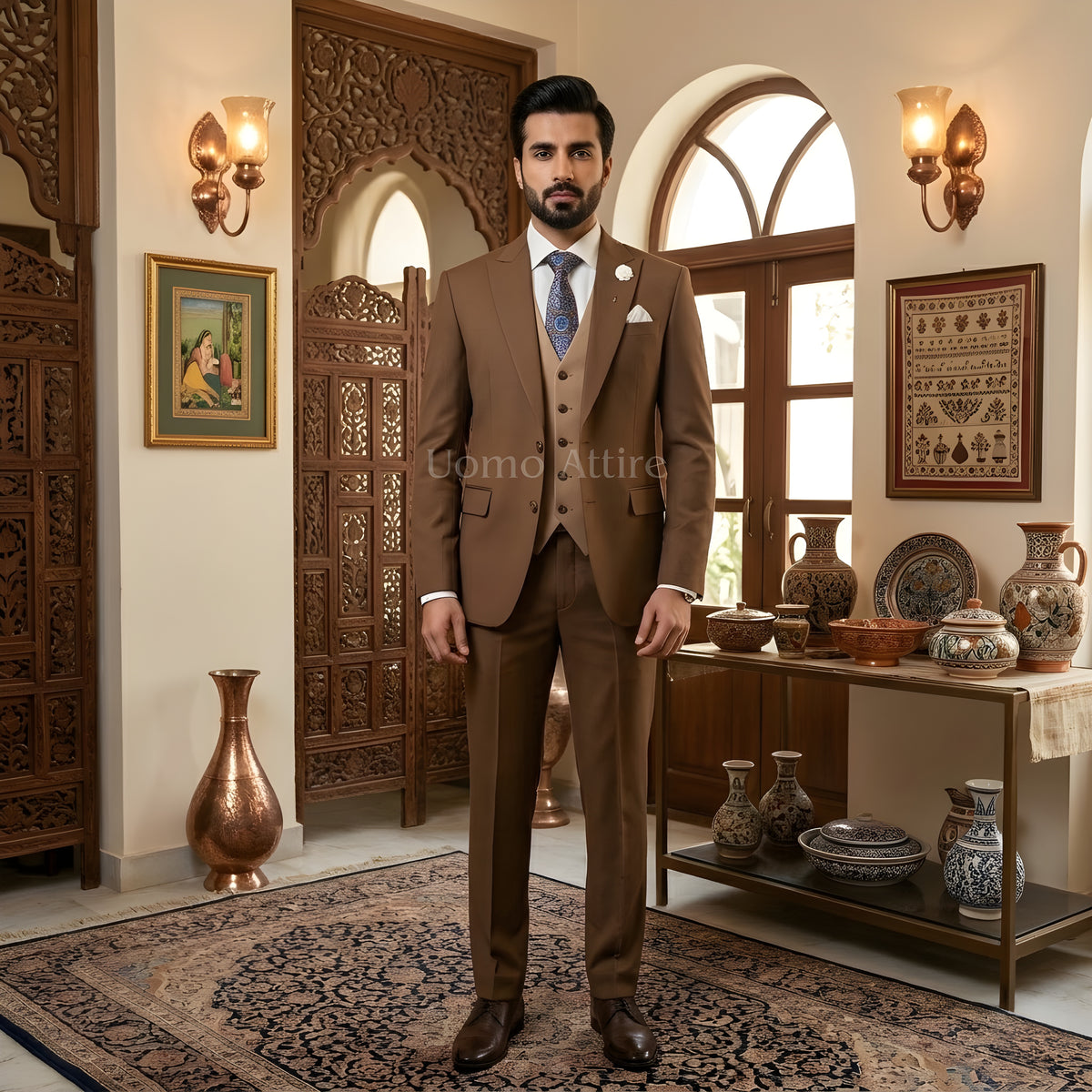 Men's Luxury Brown Double Breasted 3-Piece Suit