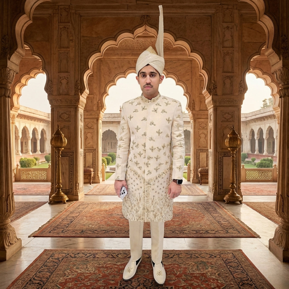 Men's Luxury Off-White Embroidered Sherwani with Saafa for Groom