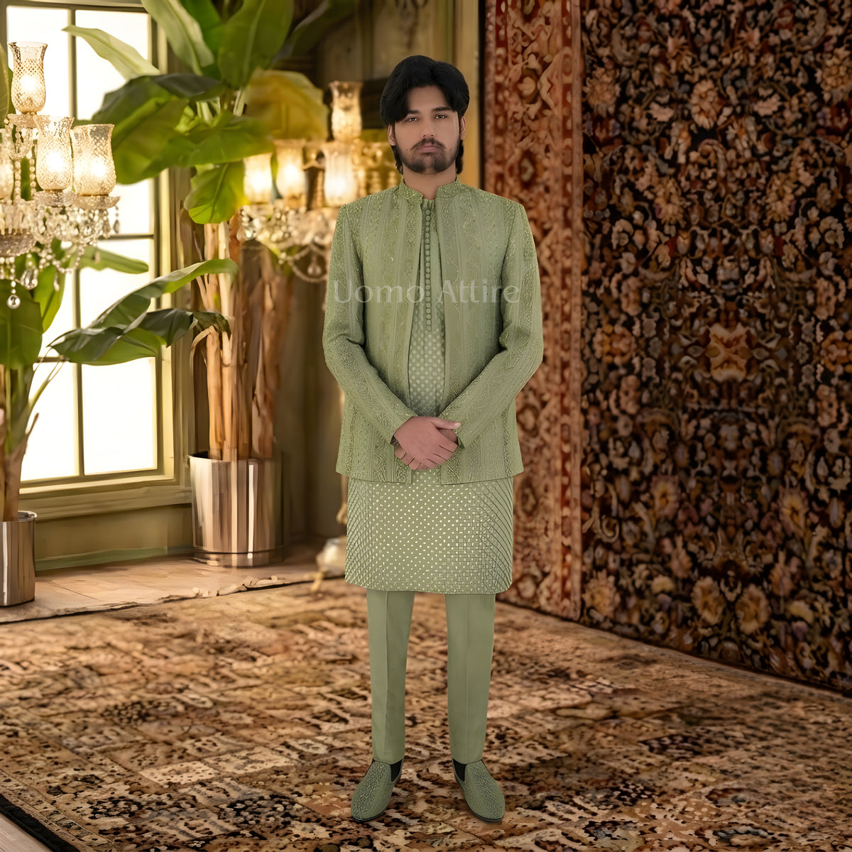 Pistachio Green Fully Embroidered Prince Coat for Men with Matching Embroidered Kurta Pajama