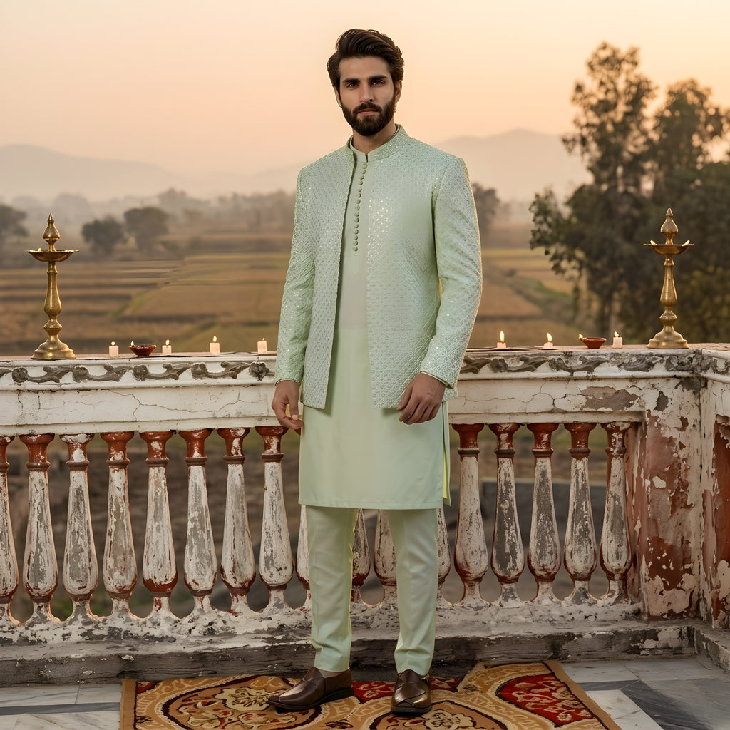 Men's Luxury Pistachio Green Embroidered Prince Coat with Matching Kurta Pajama