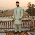 Men's Luxury Pistachio Green Embroidered Prince Coat with Matching Kurta Pajama