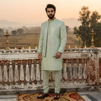 Men's Luxury Pistachio Green Embroidered Prince Coat with Matching Kurta Pajama