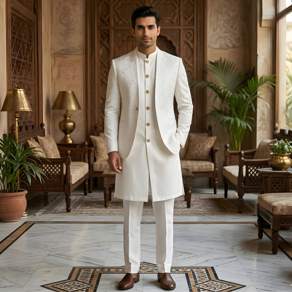 Men's Luxury Off-White Embroidered Prince Coat with Matching Kurta Pajama