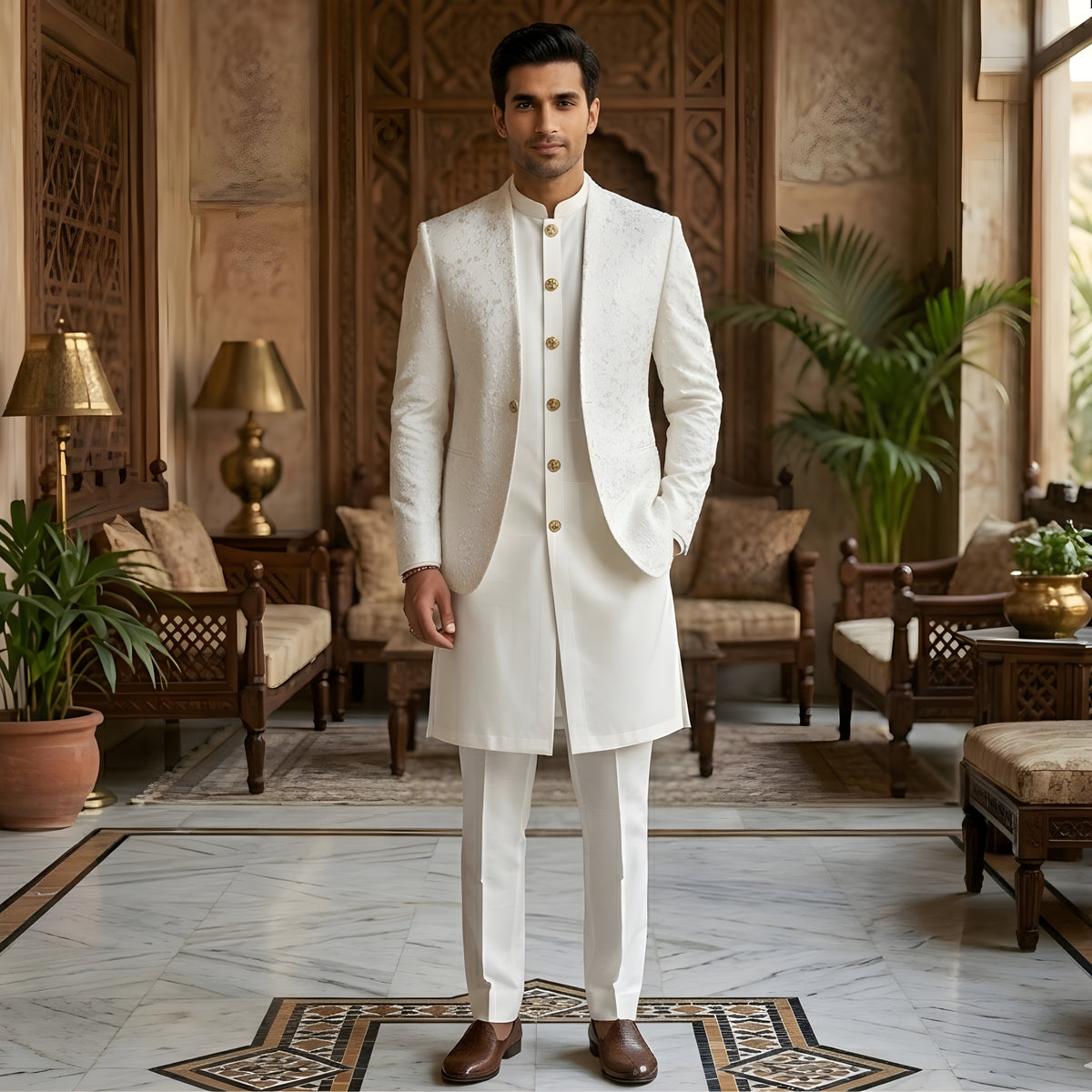 Men's Luxury Off-White Embroidered Prince Coat with Matching Kurta Pajama