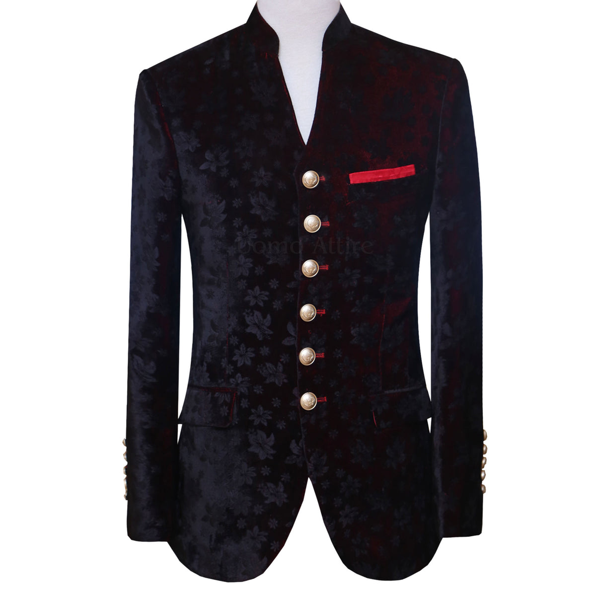 V-Neck self design velvet prince coat with contrast maroon buttonholes