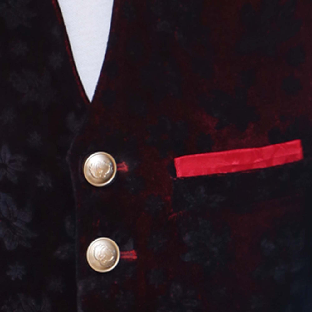 
                  
                    V-Neck self design velvet prince coat with contrast maroon buttonholes 2
                  
                