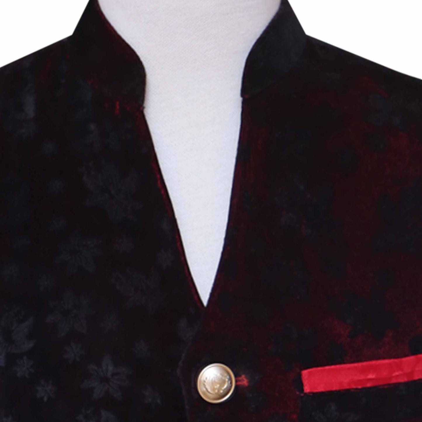 
                  
                    V-Neck self design velvet prince coat with contrast maroon buttonholes 3
                  
                