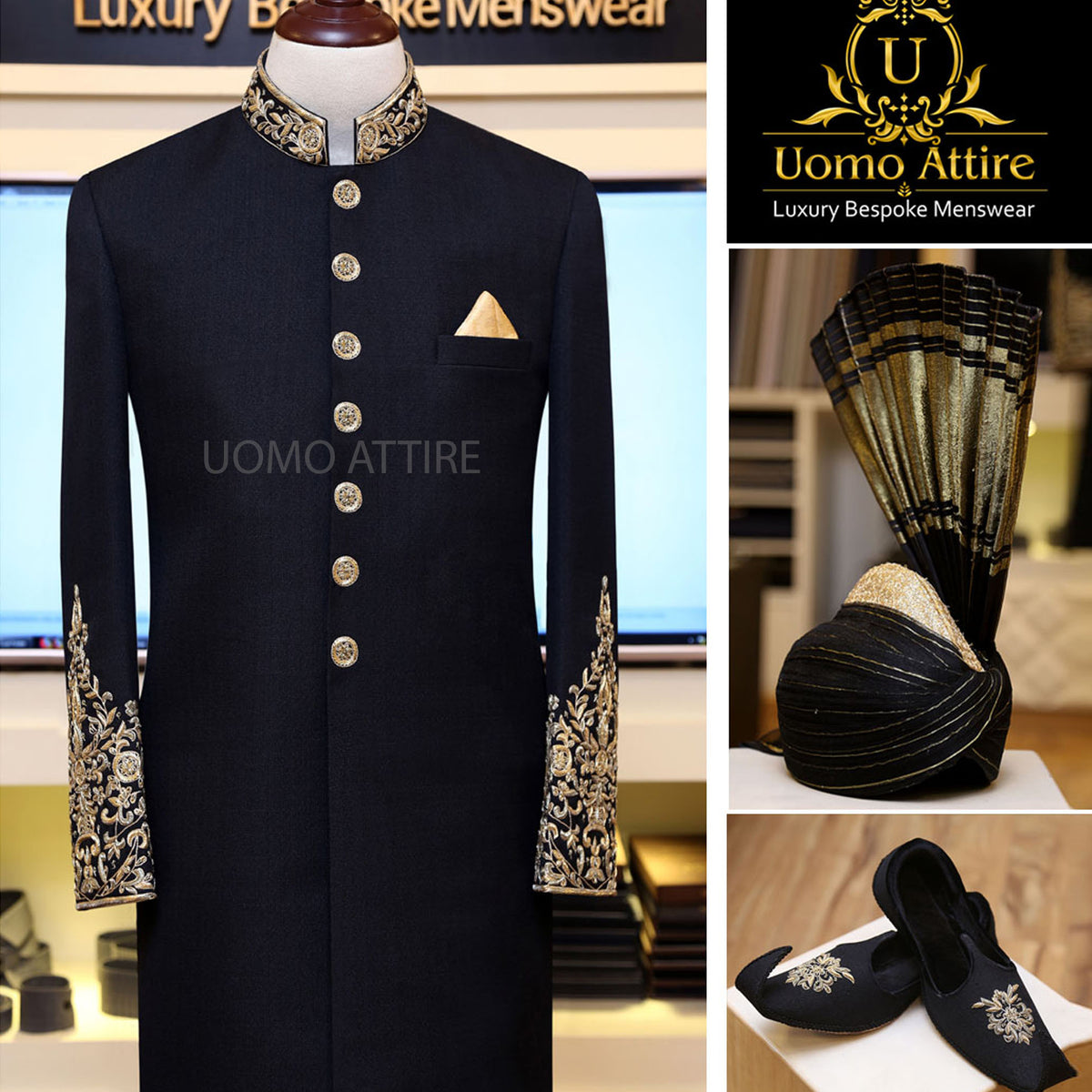 Couleur noire dernière conception sherwani package complet 