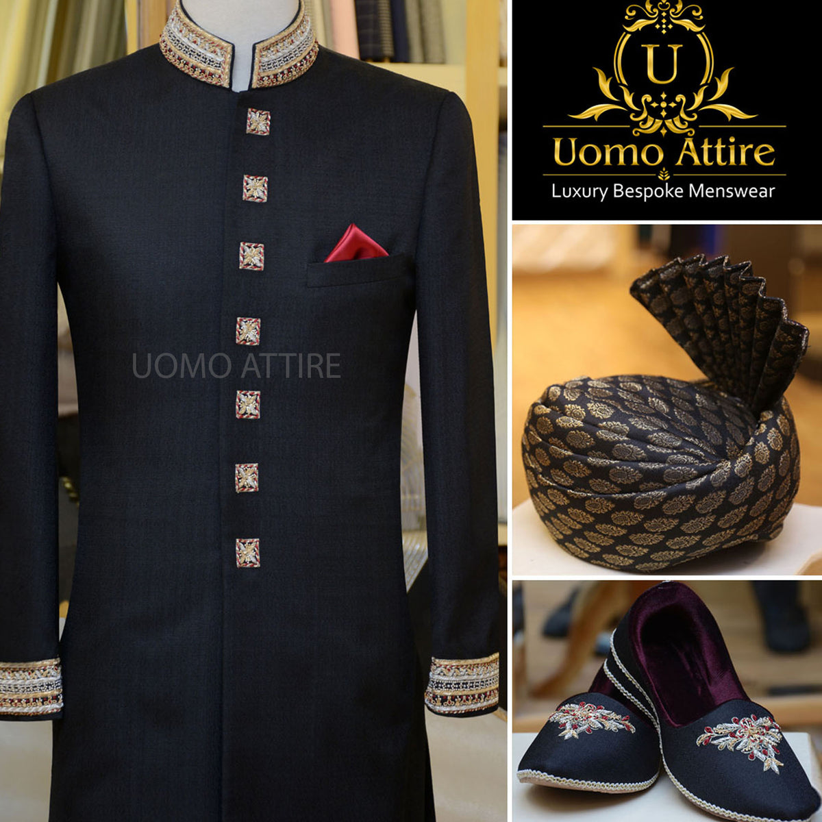 Forfait sherwani de mariage noir pour hommes 
